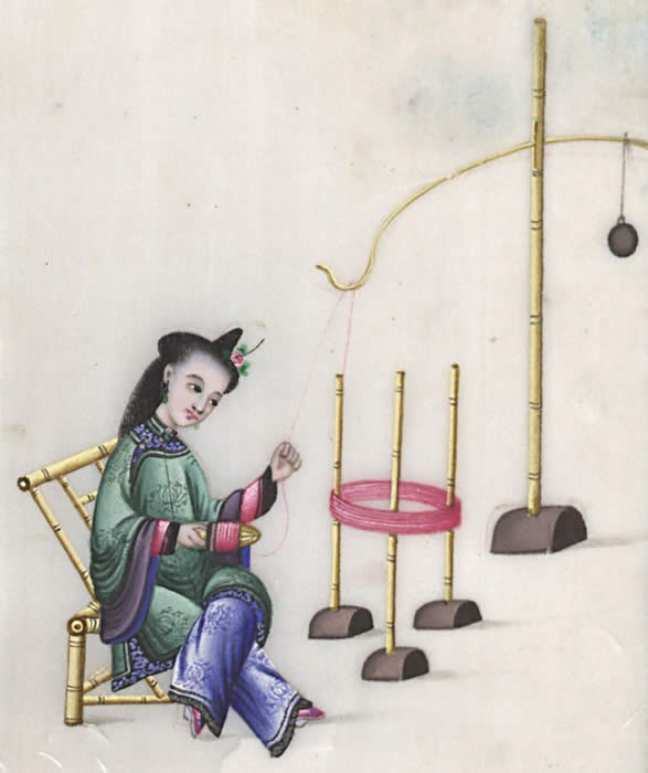 Woman spinning silk, courtesy of the Winterthur Library
